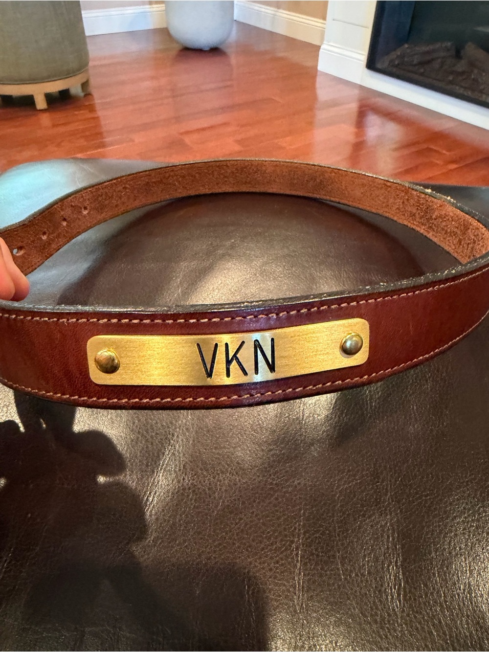 VKN Personalized Brown Leather Belt with Brass Nameplate